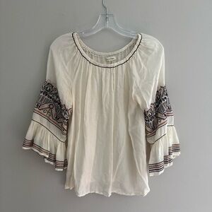 Max Studio Top Sz S Ivory Cedarwood Cross Embroidered Flare Sleeve Peasant